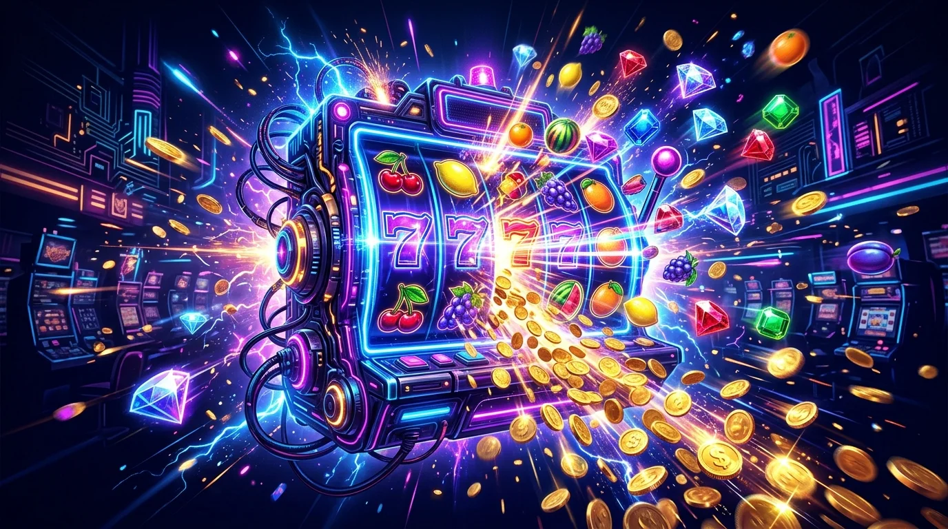 Electric duel themed artwork with bursting slot symbols and crossed duel sabres in blue and violet neon