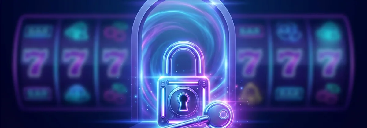 Duelz Casino login screen lock icon glowing in blue and violet neon